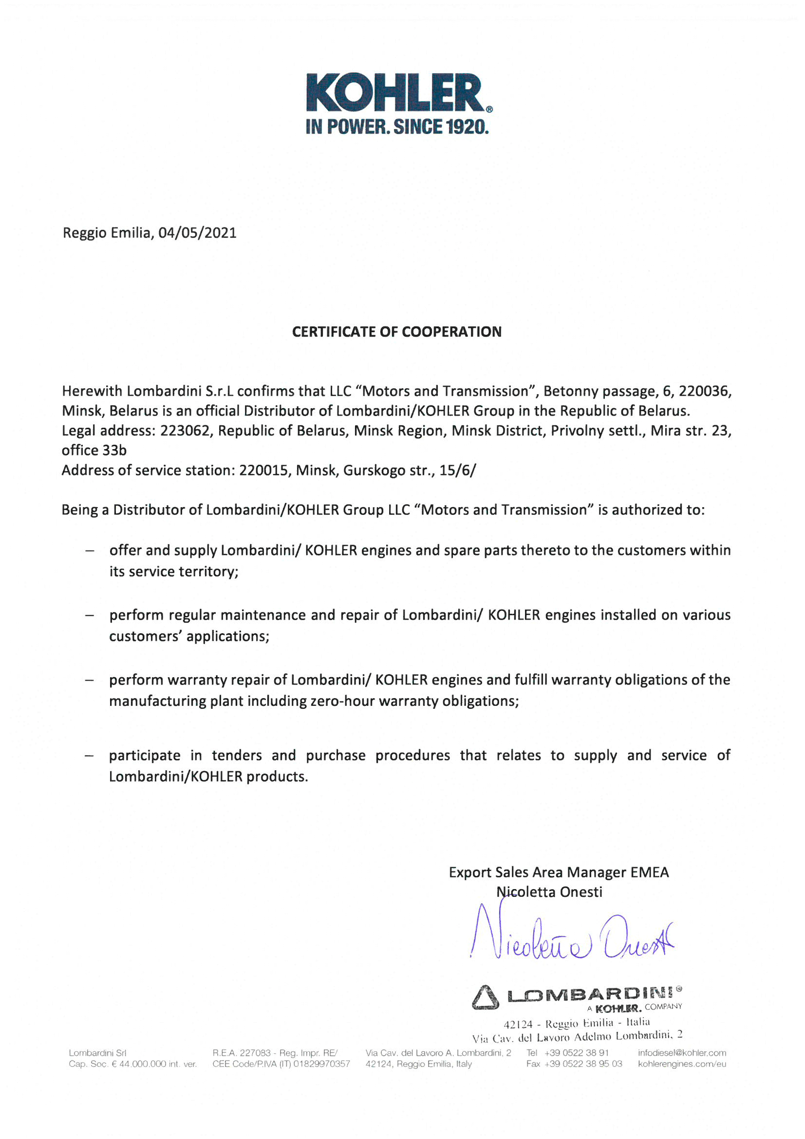 KOHLER Certificate
